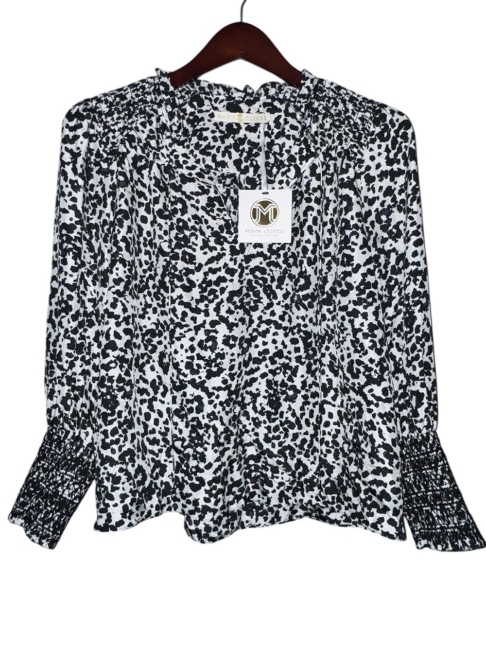 Marie Oliver Kate Smocked Blouse Size L White Speckle NWT $248